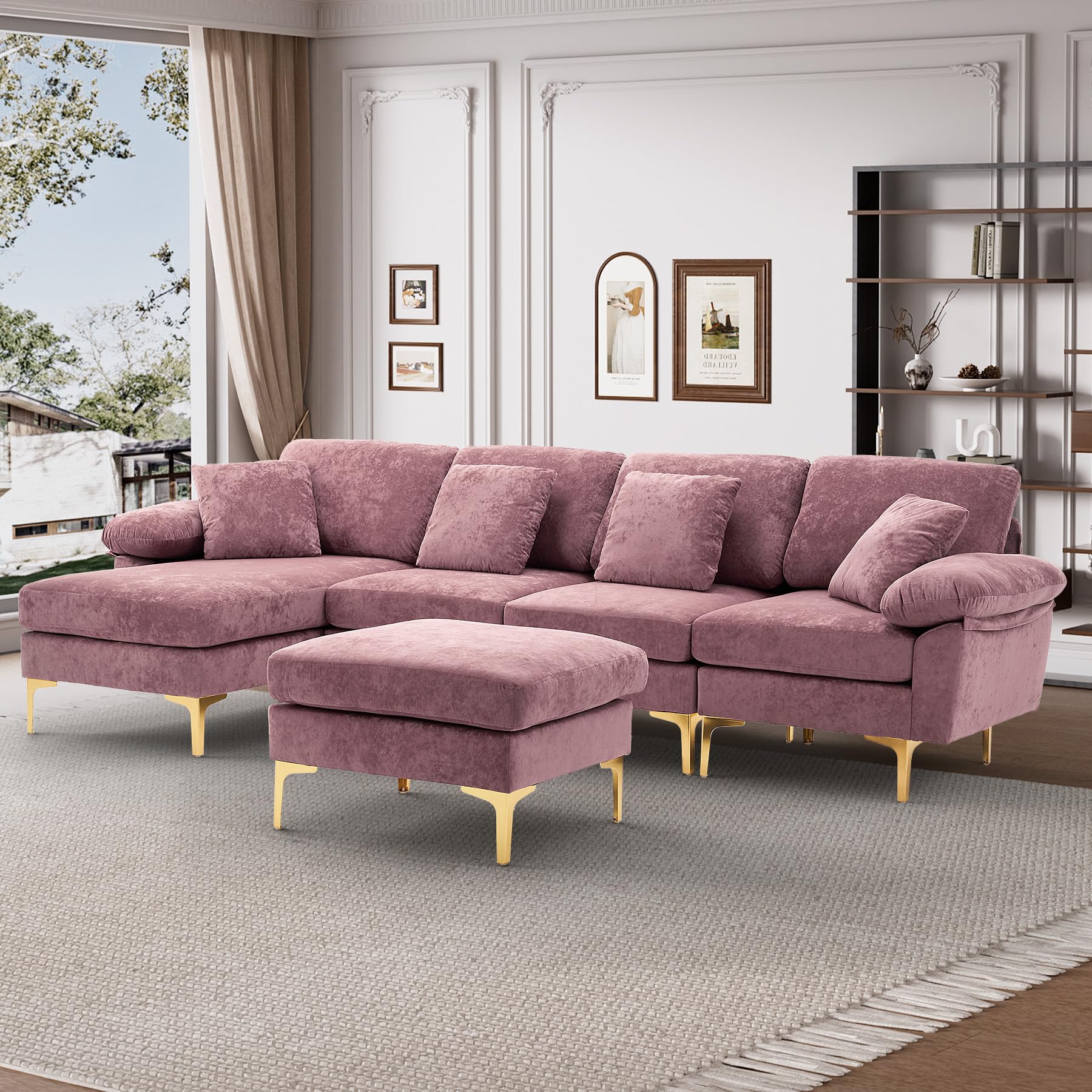 Wrofly U-Shaped Sectional Sofa Couch, 114" Comfy Convertible 4 Seat Sofa with Chaise Lounge & Ottoman, Modern Oversized Deep Seat Sleeper Sofa Set for Living Room Apartment, Purple Velvet