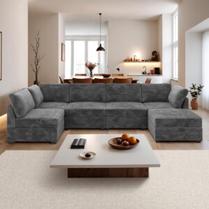 ovios 130.7" modular sectional sofa couch, u shaped minimalist couches with sofa bed chaise, modern deep seat cloud plush corduroy sofa set for living room, 6 seat, grey