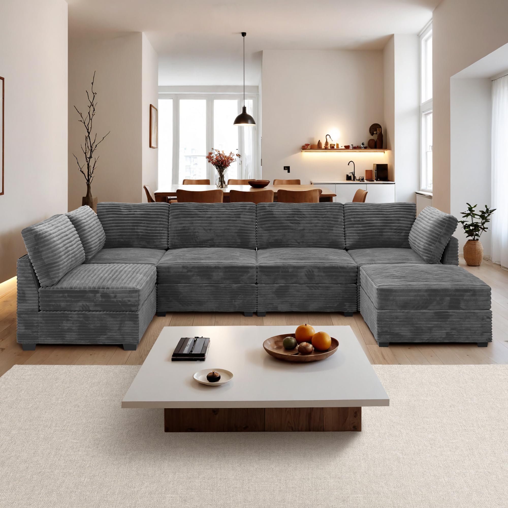 ovios 130.7" Modular Sectional Sofa Couch, U Shaped Minimalist Couches with Sofa Bed Chaise, Modern Deep Seat Cloud Plush Corduroy Sofa Set for Living Room, 6 Seat, Grey