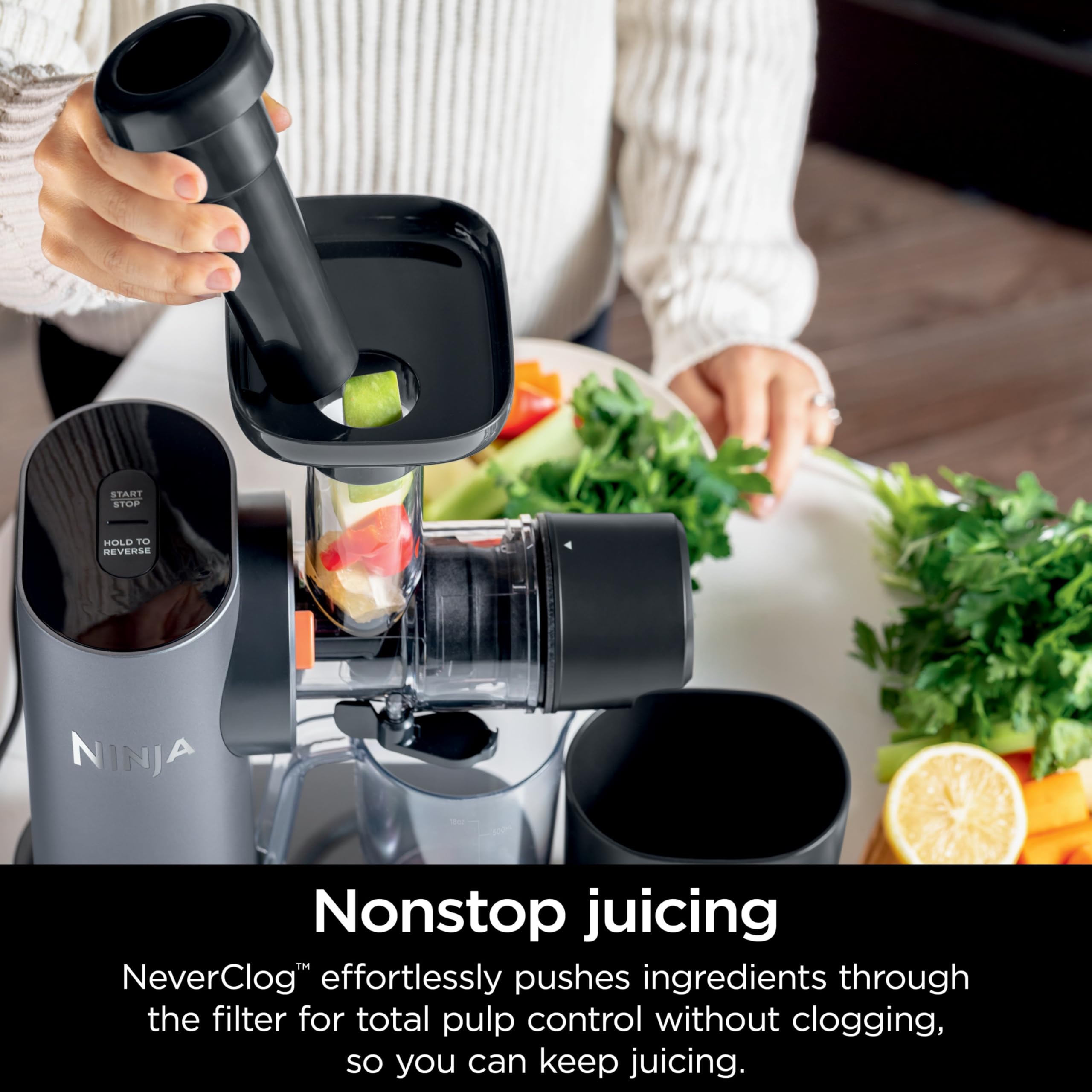 Ninja JC150 NeverClog Cold Press Juicer, Powerful Slow Juicer with Total Pulp Control, Countertop, Electric, 2 Pulp Functions, Dishwasher Safe, 2nd Generation, Silver (Renewed)