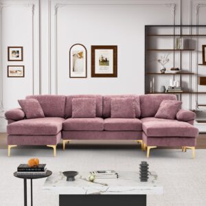 Wrofly U-Shaped Sectional Sofa Couch, 114" Comfy Convertible 4 Seat Sofa with Chaise Lounge & Ottoman, Modern Oversized Deep Seat Sleeper Sofa Set for Living Room Apartment, Purple Velvet