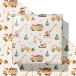 saringswoon construction christmas wrapping paper for kids - holiday wrapping paper with dump trucks, cranes, excavators with santa hats & gifts, christmas tree - 40×28 inches, 4 folded sheets