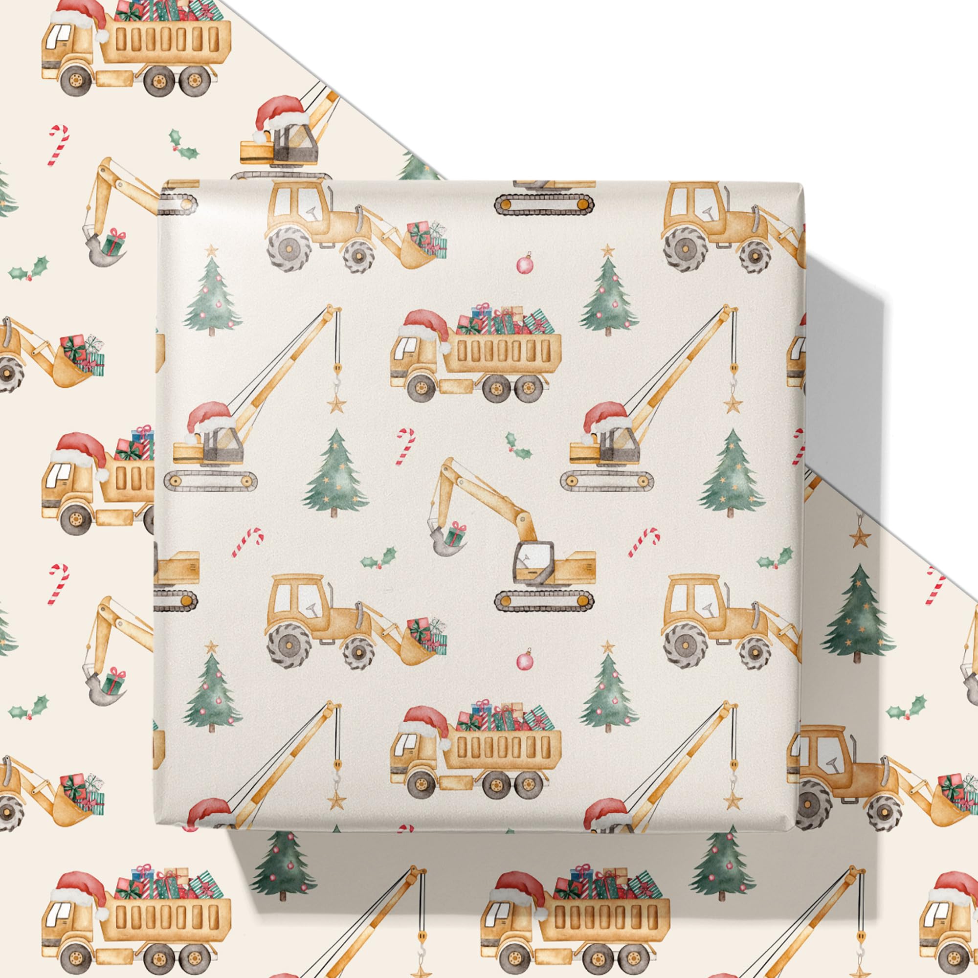 SaringSwoon Construction Christmas Wrapping Paper for Kids - Holiday Wrapping Paper with Dump Trucks, Cranes, Excavators with Santa Hats & Gifts, Christmas Tree - 40×28 Inches, 4 Folded Sheets