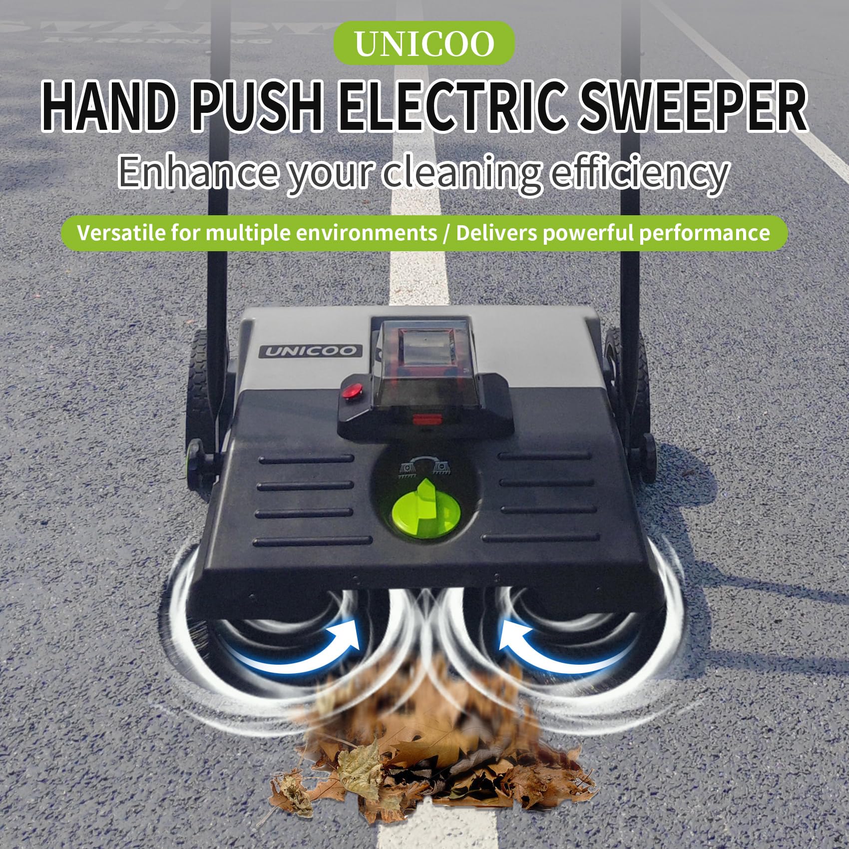 UNICOO Electric Hand Push Sweeper - Battery Powered Floor Sweeper, Walk Behind Floor Sweeper, Efficient Push Sweeper for Indoor and Outdoor Cleaning. 23" Sweeping Width, 6.6 Gallon Waste Container