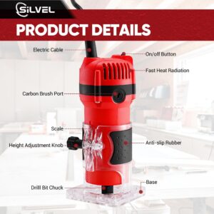 SILVEL Wood Router, 800W Wood Routers for Woodworking, 6.5Amp 1.25HP Hand Wood Router Tool, 30000R/MIN Compact Edge Trimmer with 15 1/4" Router Bit Set, Red