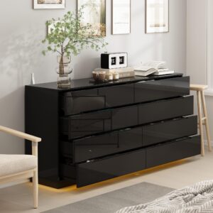 Homsee Large 8 Drawer Double Dresser with Light, Modern Dresser Chest of Drawers with High Glossy Surface for Bedroom, Black (63”W x 15.7”D x 30.9”H)