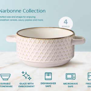 KooK Ceramic Soup Bowls with Handles, Embossed, for Cereal, Dessert, Pastas, Microwave & Dishwasher Safe, Ivory with Dark Copper Accents, Set of 4, 26.5 oz, Narbonne Collection