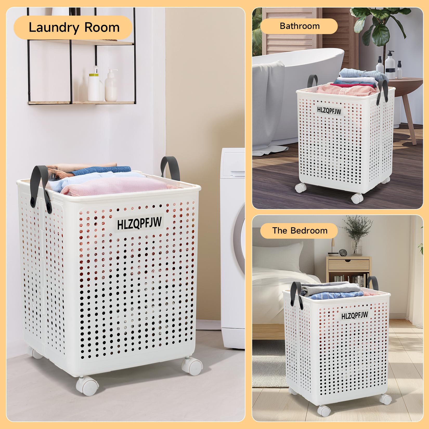 HLZQPFJWcollapsible laundry baskets,laundry basket with wheels,laundry hamper with wheels,dorm laundry hamper,laundry basket plastic，35, 50, 60 liter large capacity (White, Extra large)