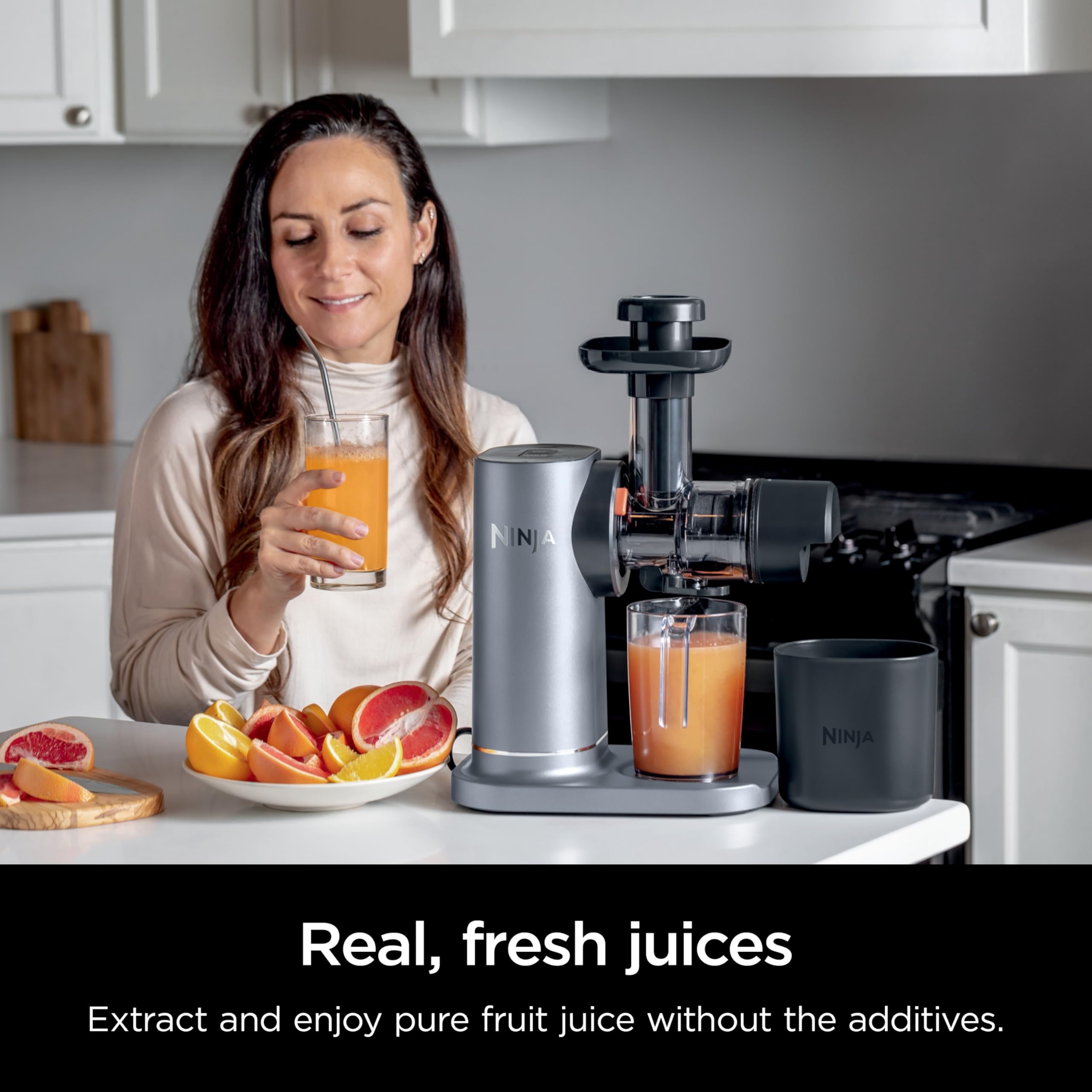 Ninja JC150 NeverClog Cold Press Juicer, Powerful Slow Juicer with Total Pulp Control, Countertop, Electric, 2 Pulp Functions, Dishwasher Safe, 2nd Generation, Silver (Renewed)