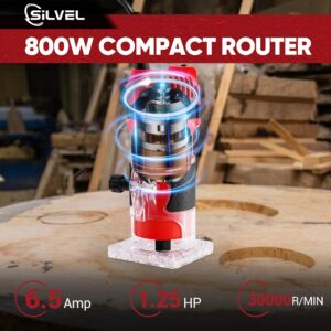 SILVEL Wood Router, 800W Wood Routers for Woodworking, 6.5Amp 1.25HP Hand Wood Router Tool, 30000R/MIN Compact Edge Trimmer with 15 1/4" Router Bit Set, Red