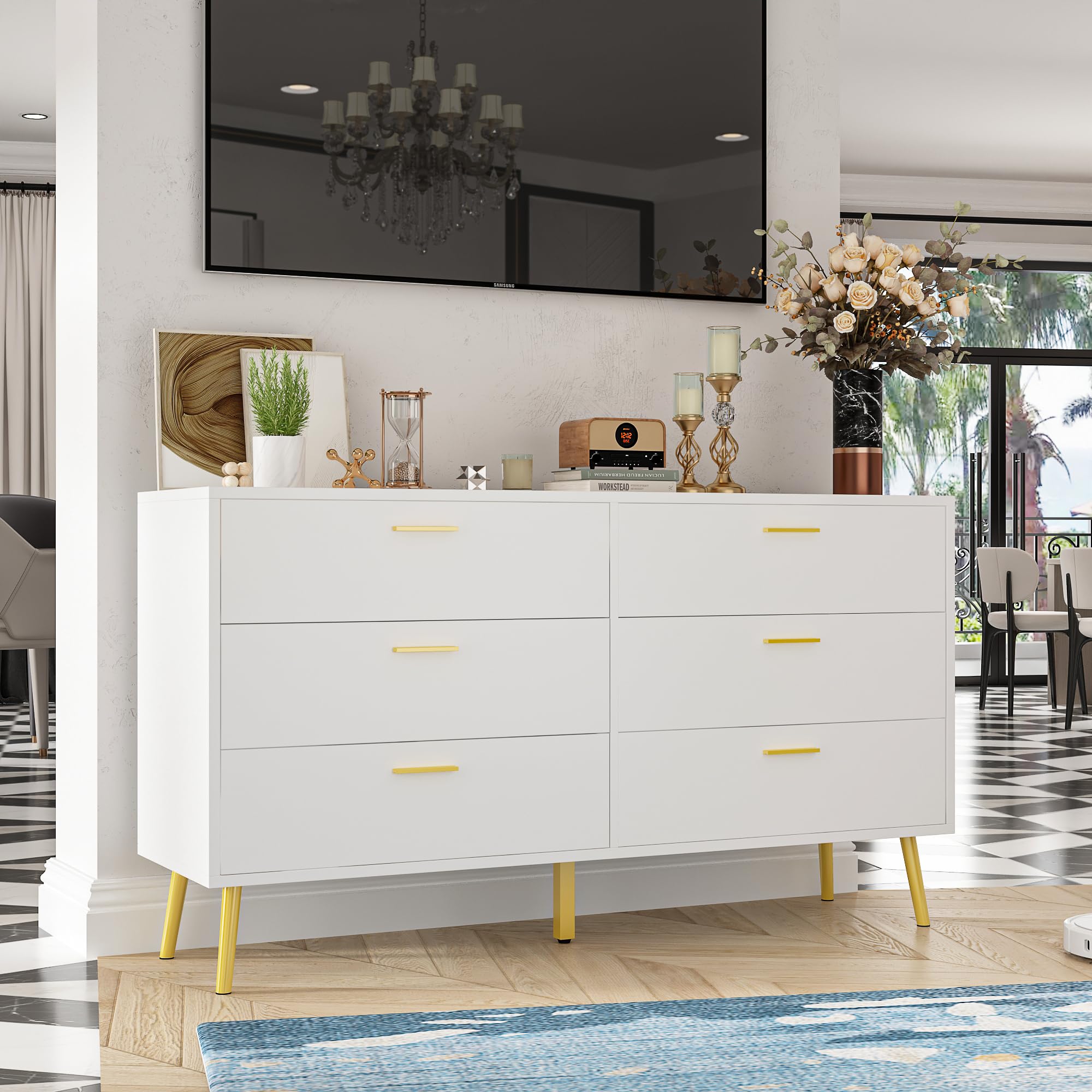 Homsee 6 Drawer Double Dresser Storage Chest of Drawers, 54”L Wood Dresser Chest with Gold Metal Legs for Bedroom, Living Room & Hallway, White (54”L x 15.6”W x 30.1”H)