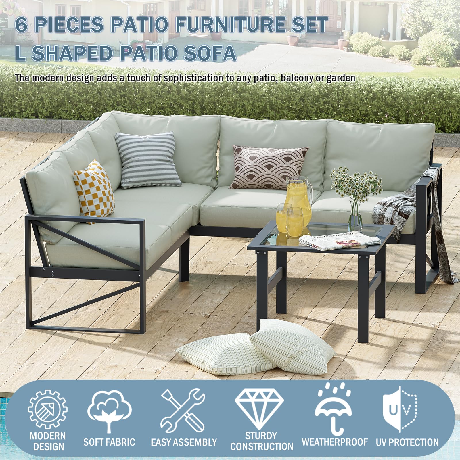 PAKASEPT Outdoor Patio Furniture Set, 6 Pieces Outdoor Couch Sectional L Shaped Aluminum Conversation Sets with Coffee Table, Patio Furniture Set for Porch Garden Backyard