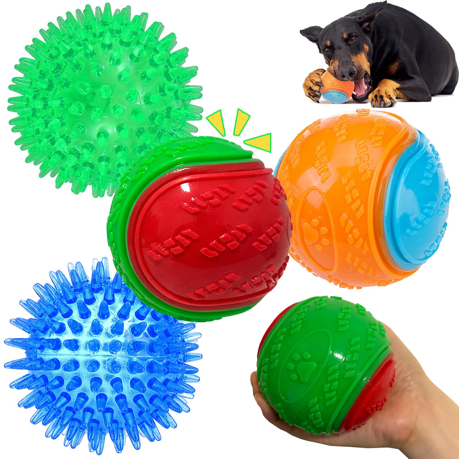 Cdyzqikm 3.5in Squeaky Dog Toy Ball Pack High Bouncy Ball for Interactive Playing Spikys Pet Balls for Teeth Cleaning Durable Tough Chew Toys for Medium & Large Dogs Fetch Training Teething Balls 4Pcs