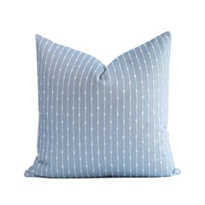 crumbs home coastal linen indoor outdoor throw pillow cover only, 20"x20" water repellent for patio, backyard, couch, light blue embroidered stripes