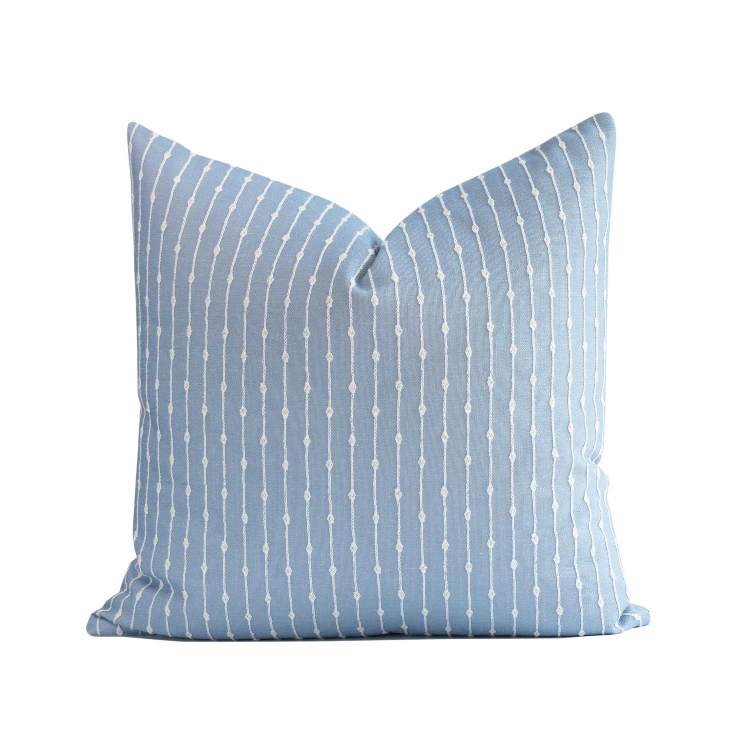 Crumbs Home Coastal Linen Indoor Outdoor Throw Pillow Cover Only, 20"x20" Water Repellent for Patio, Backyard, Couch, Light Blue Embroidered Stripes