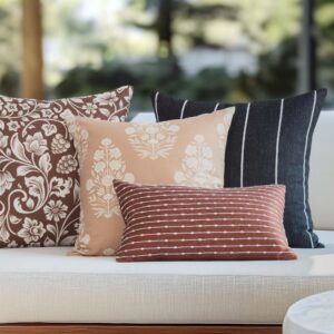 Crumbs Home Modern Farmhouse Fall Linen Indoor Outdoor Throw Pillow Cover Only, 22"x22" Water Repellent for Patio, Backyard, Couch, Black Neutral Vertical Stripes