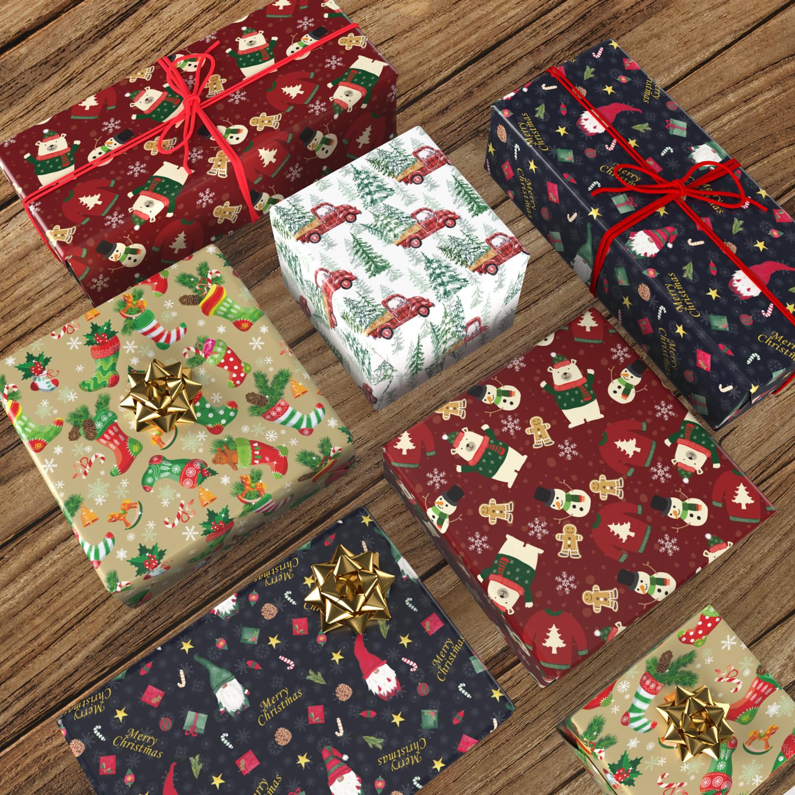 GIOLNIAY Christmas Wrapping Paper for Kids Boys Girls - Wrapping Paper Christmas Bundle with Santa, Green Stockings, Red Truck, Woodland Designs - 6 Jumbo Sheets (28 x 40 inches), Easy to Store