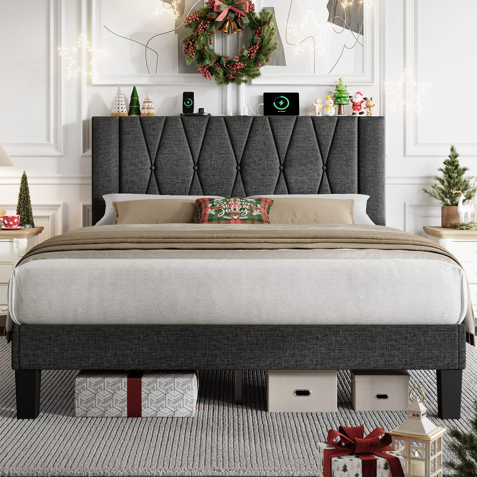 ONBRILL Queen Bed Frame with Headboard, Heavy-Duty Linen Upholstered Platform Bed Frame w/Charging and Storage, Button Tufted, Wooden Slats Support, No Box Spring Needed, Easy Assembly, Dark Grey