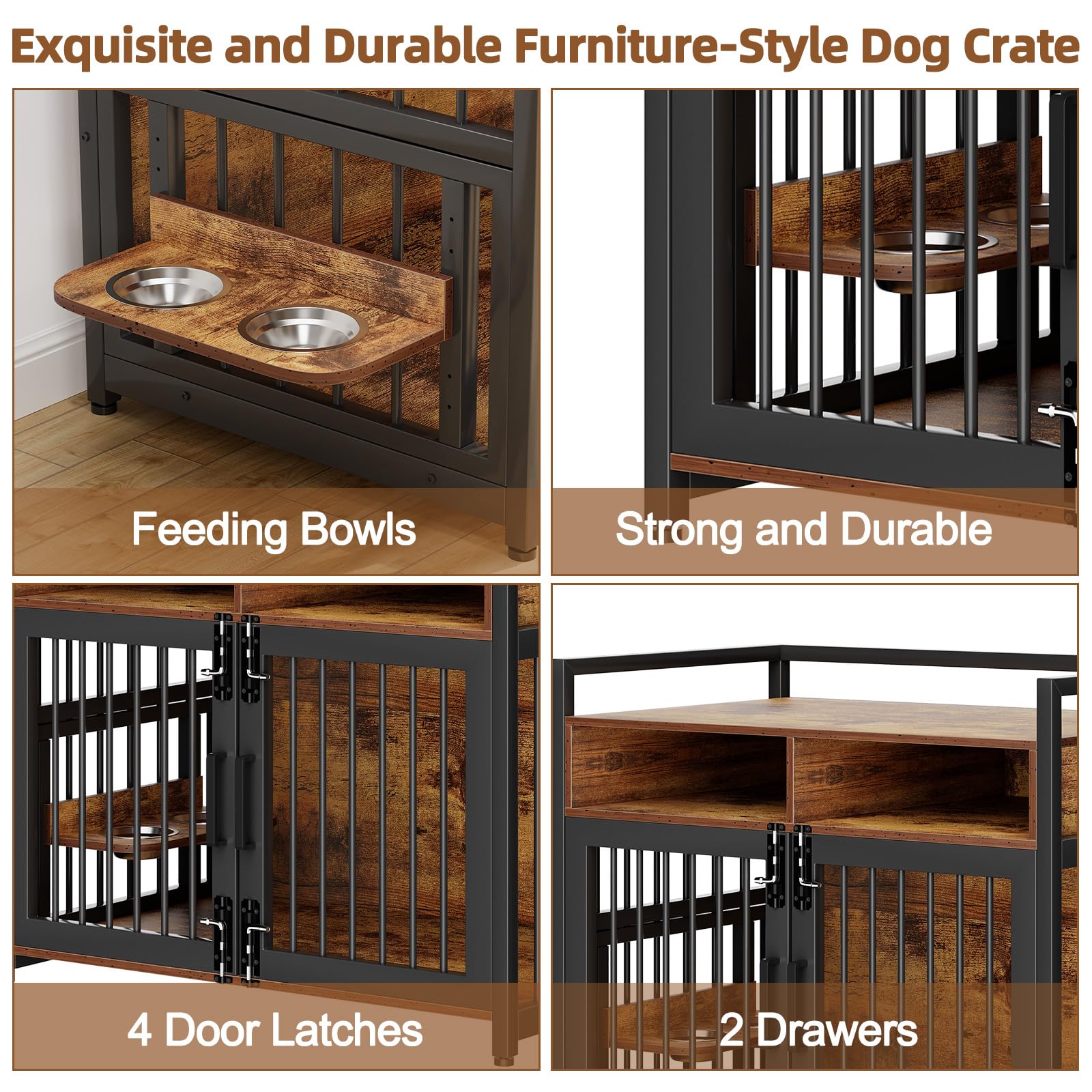 41" Dog Crate Furniture with Drawers,Large Wooden Dog Crate for Large Small Medium Dogs,Metal Indoor Dog Crate for Pet