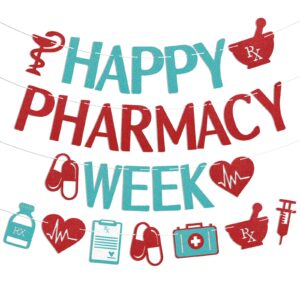 happy pharmacy week banner - pharmacy appreciation week decorations, thank you pharmacist bunting sign, pharmacy week staff party decor blue red glitter