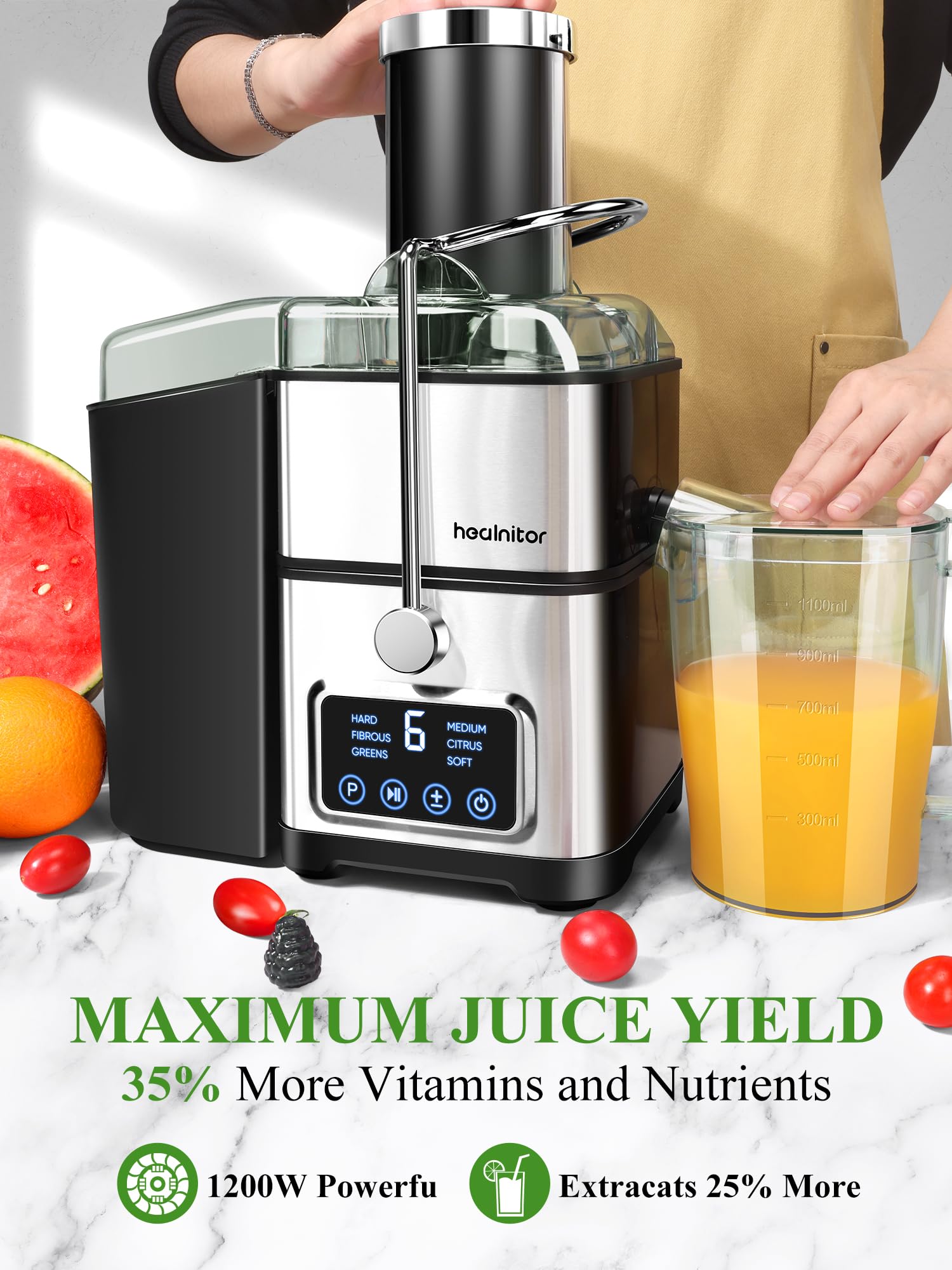 1200W 6-Speed Touch LCD Screen Centrifugal Juicer with 3.5" Big Wide Chute, Healnitor Juice Extractor Machines Vegetable and Fruit, Titanium Enhanced Filter, Easy Clean, BPA-Free, Silver