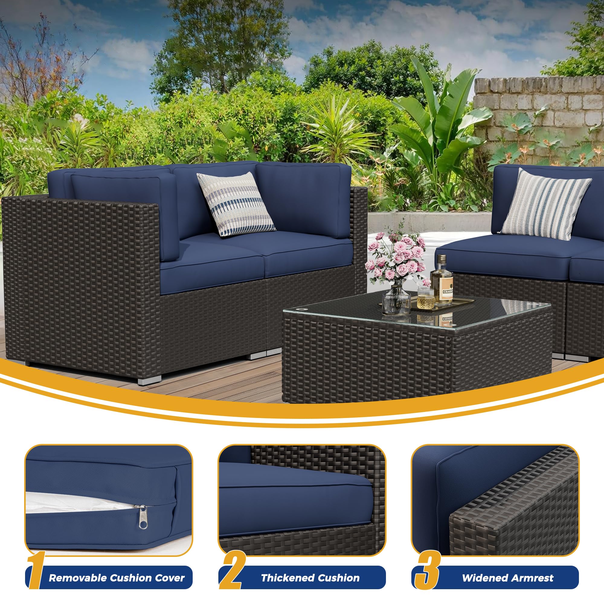 Incbruce 7-Piece Patio Furniture Set, PE Black Brown Wicker Rattan Outdoor Sectional Couch, Patio Conversation Set with Glass Table (Dark Blue)