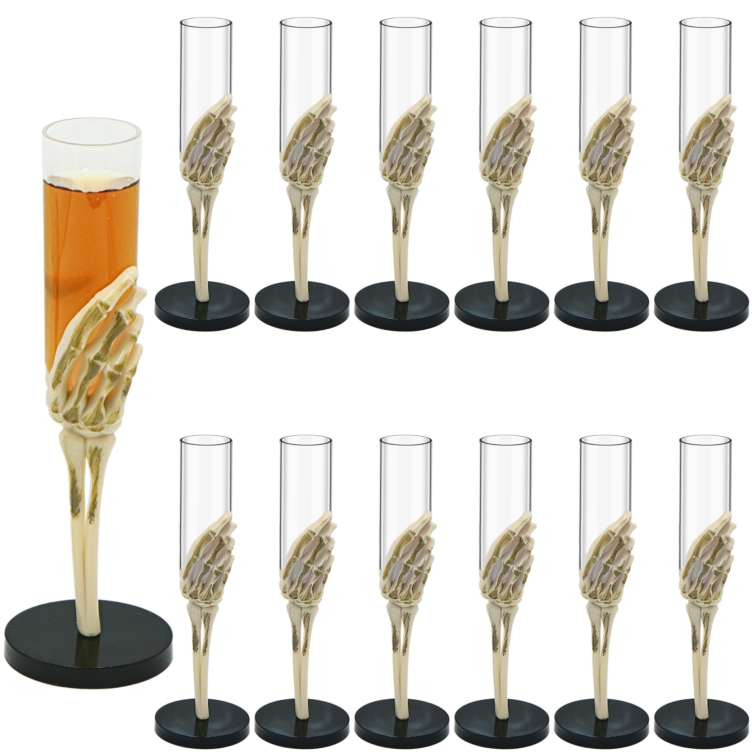 4E's Novelty Skeleton Hand Flutes 12 Pack - Premium Clear Plastic Halloween Champagne Cocktail Goblets (2.7oz) BPA-Free Drinking Glasses for Spooky Parties, Halloween Skeleton Wine Glasses