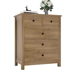 idealhouse dresser for bedroom, 5 drawer dresser wood dresser with metal handle, modern chest of drawers for bedroom, entryway, hallway, light brown