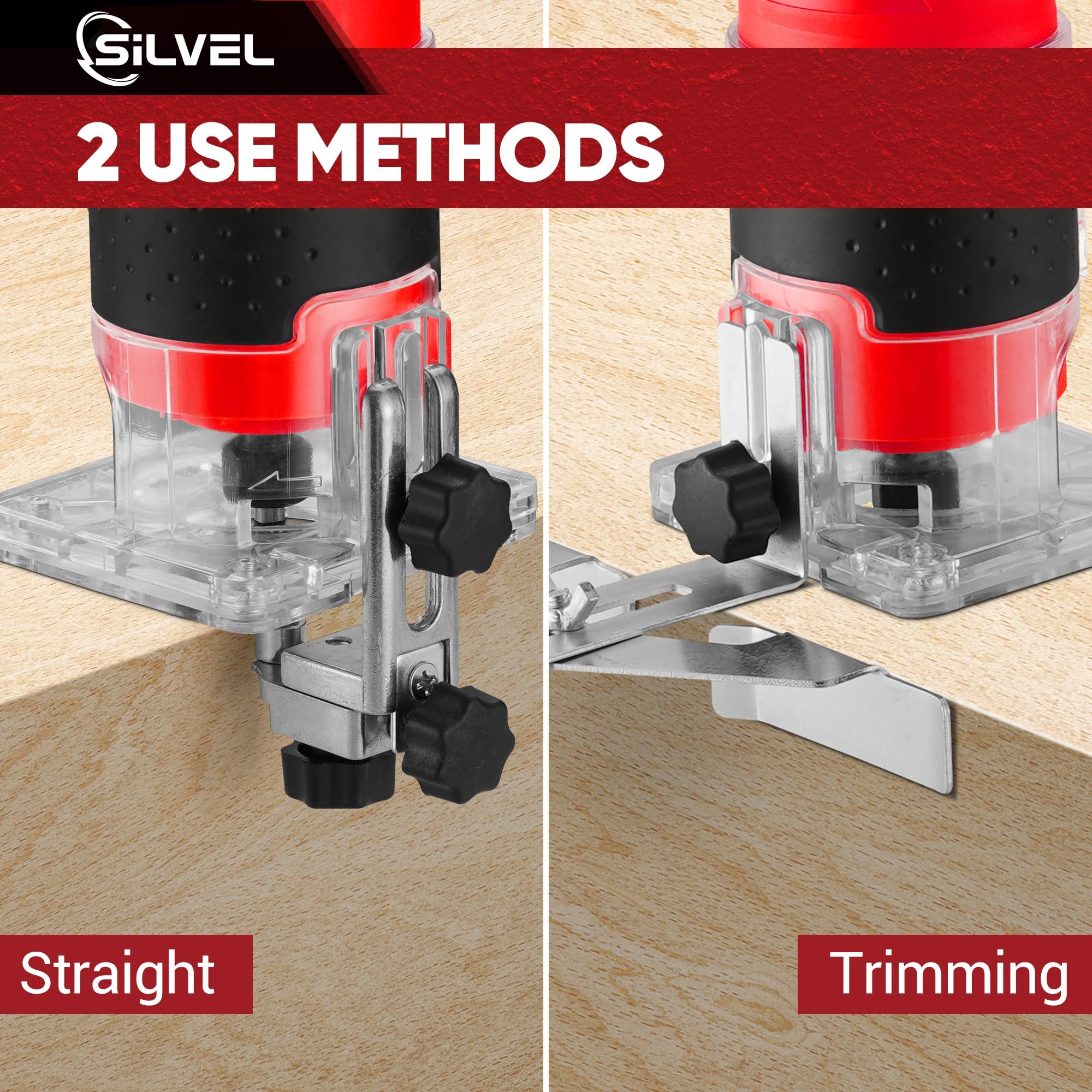 SILVEL Wood Router, 800W Wood Routers for Woodworking, 6.5Amp 1.25HP Hand Wood Router Tool, 30000R/MIN Compact Edge Trimmer with 15 1/4" Router Bit Set, Red