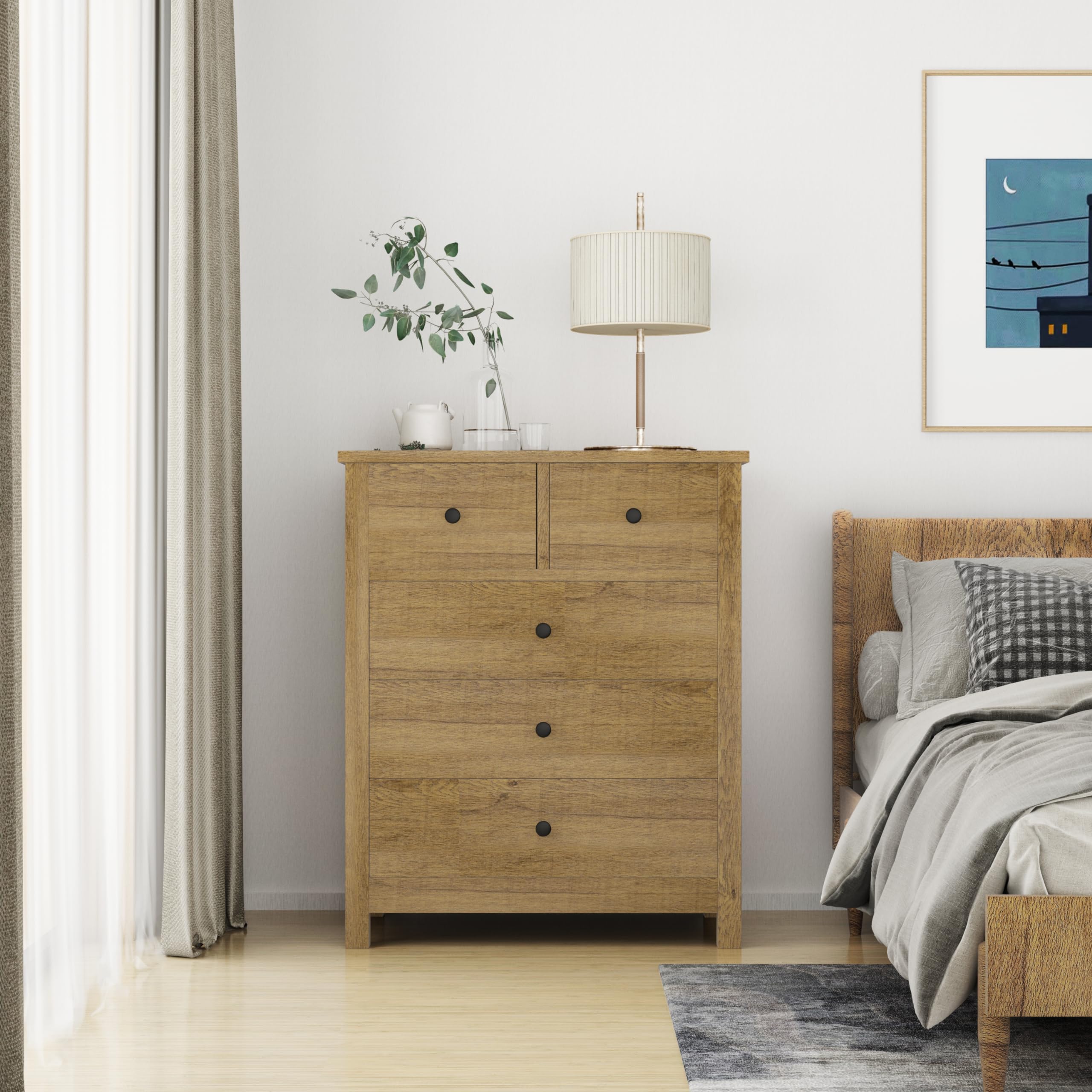 IDEALHOUSE Dresser for Bedroom, 5 Drawer Dresser Wood Dresser with Metal Handle, Modern Chest of Drawers for Bedroom, Entryway, Hallway, Light Brown