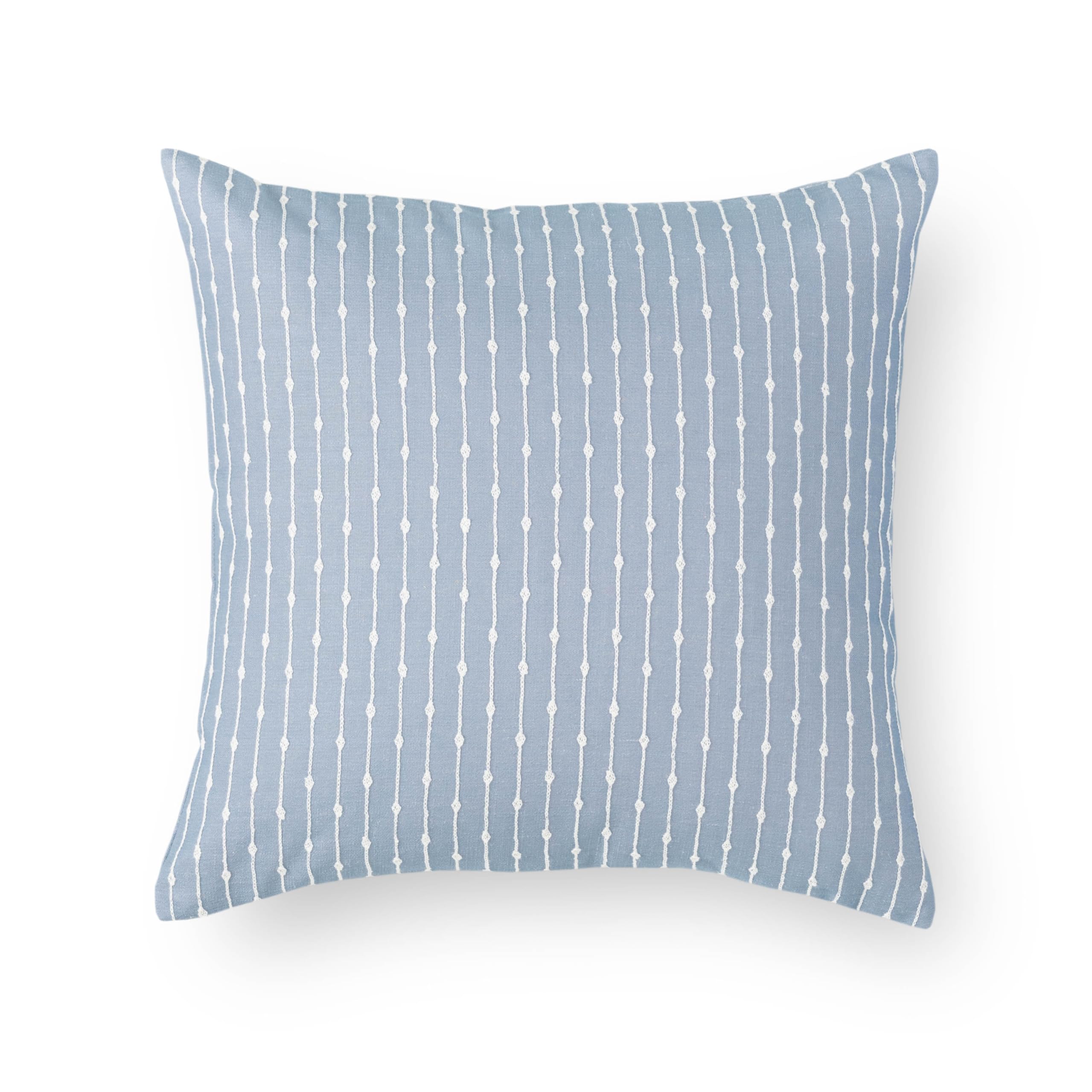 Crumbs Home Coastal Linen Indoor Outdoor Throw Pillow Cover Only, 20"x20" Water Repellent for Patio, Backyard, Couch, Light Blue Embroidered Stripes