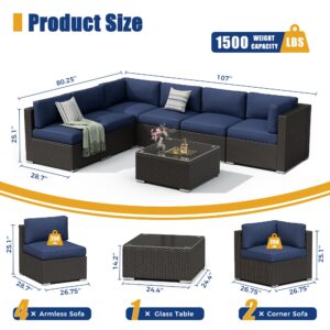 Incbruce 7-Piece Patio Furniture Set, PE Black Brown Wicker Rattan Outdoor Sectional Couch, Patio Conversation Set with Glass Table (Dark Blue)