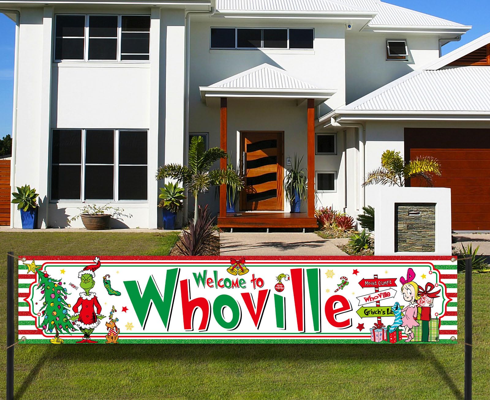 Vohado Welcome to Whoville Fence Banner Christmas Winter Holiday Party Decoration Xmas Decor Yard Outdoor Hanging Banner