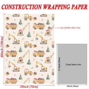 SaringSwoon Construction Christmas Wrapping Paper for Kids - Holiday Wrapping Paper with Dump Trucks, Cranes, Excavators with Santa Hats & Gifts, Christmas Tree - 40×28 Inches, 4 Folded Sheets