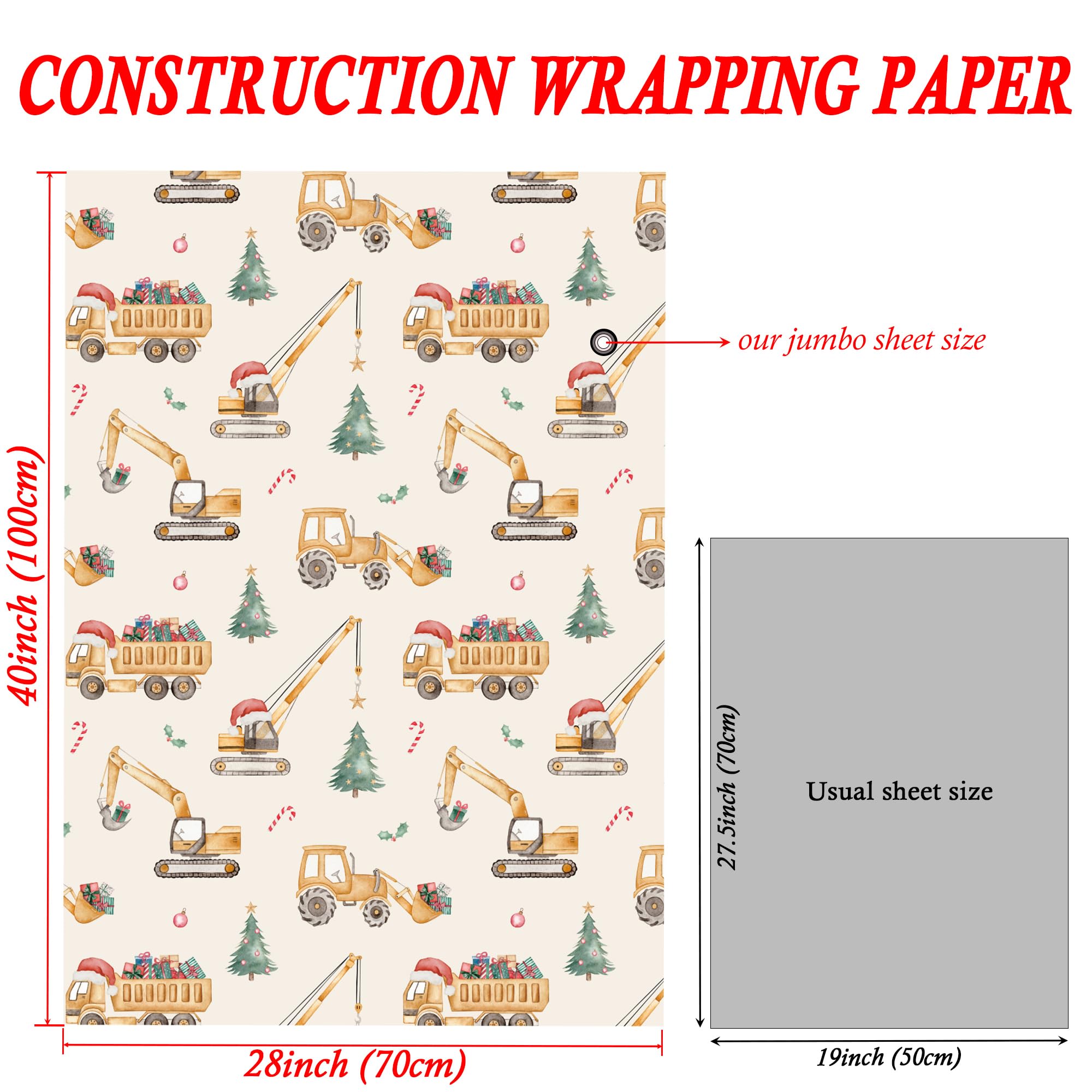 SaringSwoon Construction Christmas Wrapping Paper for Kids - Holiday Wrapping Paper with Dump Trucks, Cranes, Excavators with Santa Hats & Gifts, Christmas Tree - 40×28 Inches, 4 Folded Sheets