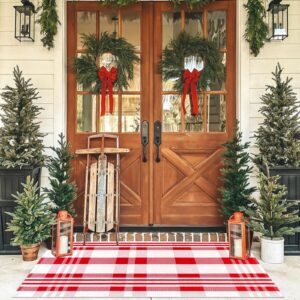 fallovea christmas rugs red and white plaid, 4'x6' area rug outdoor indoor front porch doormat cotton hand-woven layered door mats for entryway patio entryway laundry bedroom living room