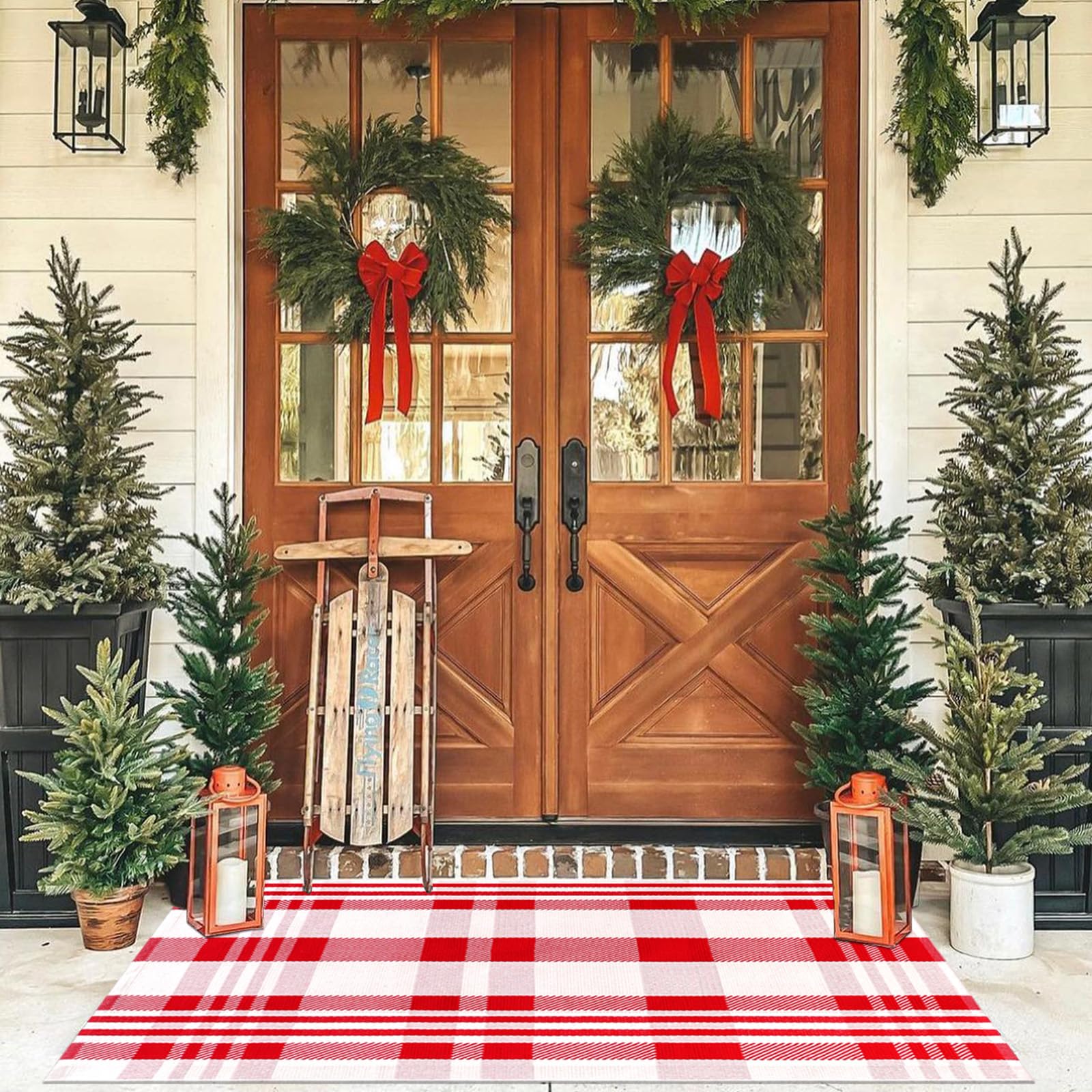 Fallovea Christmas Rugs Red and White Plaid, 4'x6' Area Rug Outdoor Indoor Front Porch Doormat Cotton Hand-Woven Layered Door Mats for Entryway Patio Entryway Laundry Bedroom Living Room