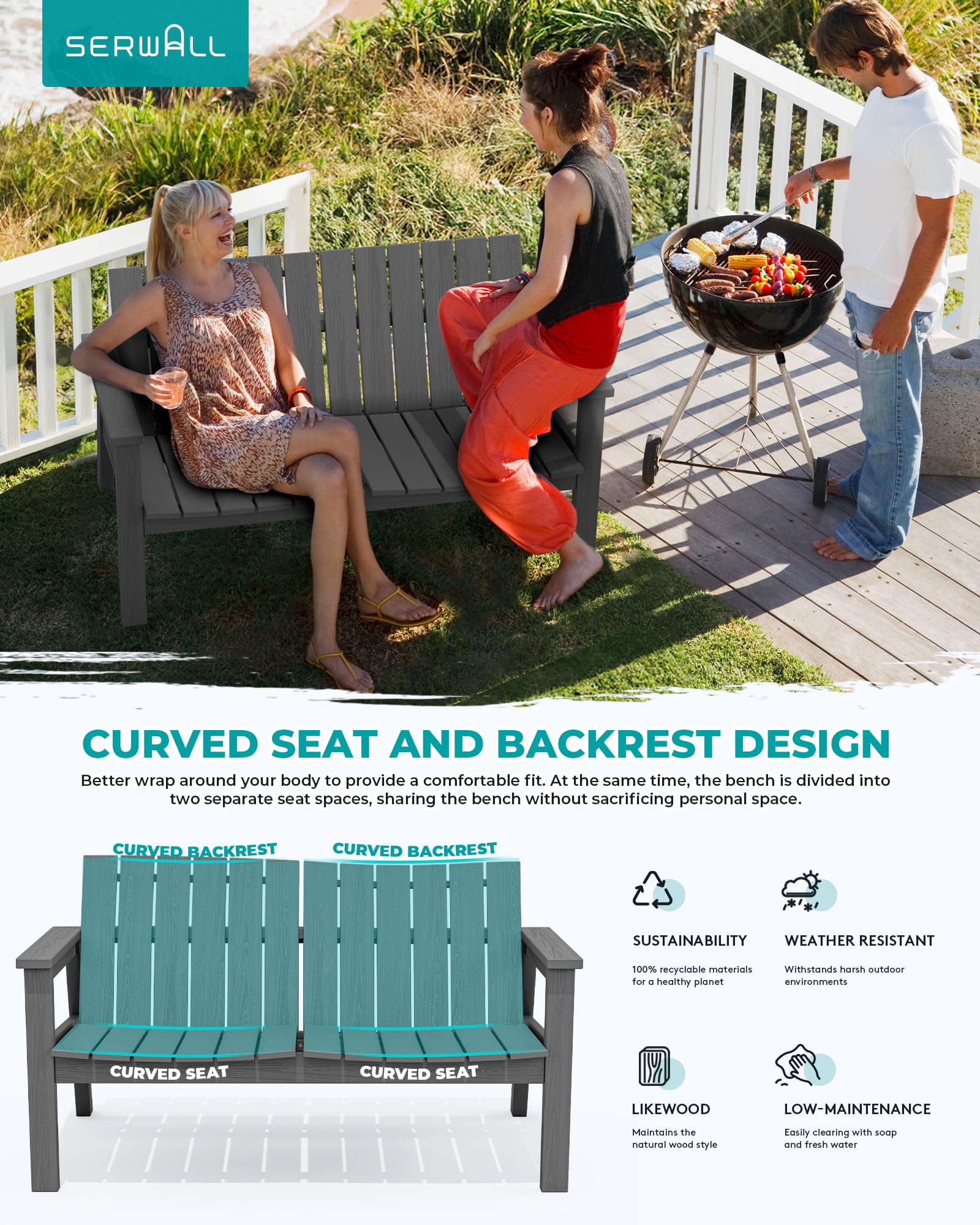 SERWALL Outdoor Bench for 2 Person, Grey 1 Pack