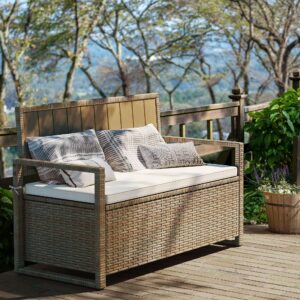 YITAHOME 70 Gal Outdoor Storage Bench, All-Weather PE Rattan Deck Box, Wicker Storage Seat Box for Patio Furniture, Outdoor Cushions, Pool Storage and Garden Tools, Beige