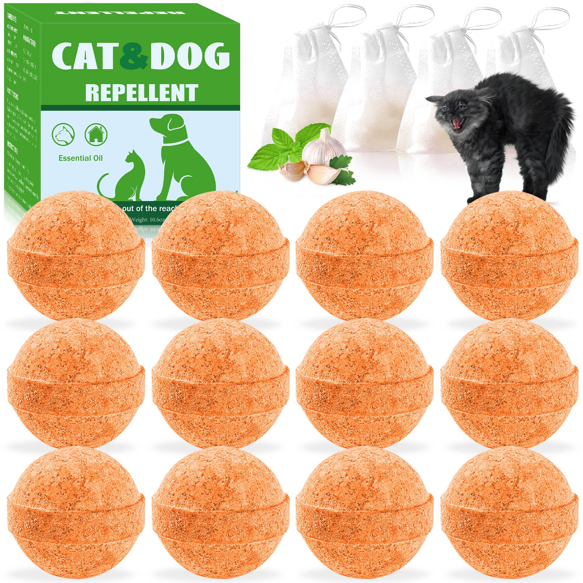 12 Pack Cat and Dog Repellent Balls - Natural Peppermint Oil Cat Deterrent for Indoor/Outdoor Use, Keeps Stray Cats Digging Dogs Away from Yard, Lawn, Garden, and Furniture - Safe for Pets and Family