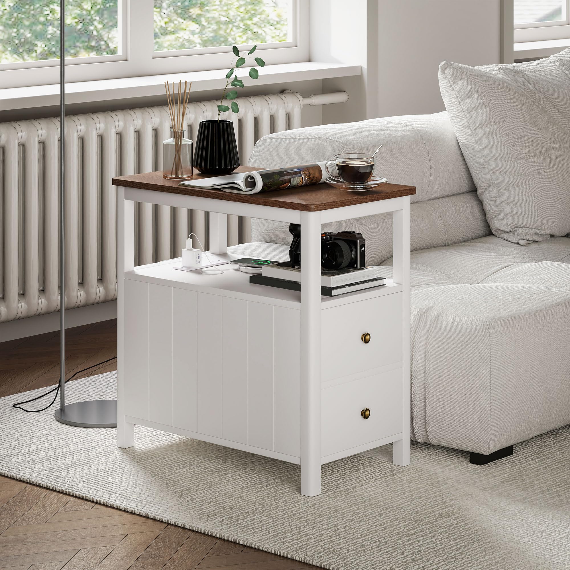 HOMCOM Modern End Table with Charging Station and USB Ports, Narrow Side Table with Drawers & Shelf for Living Room, White