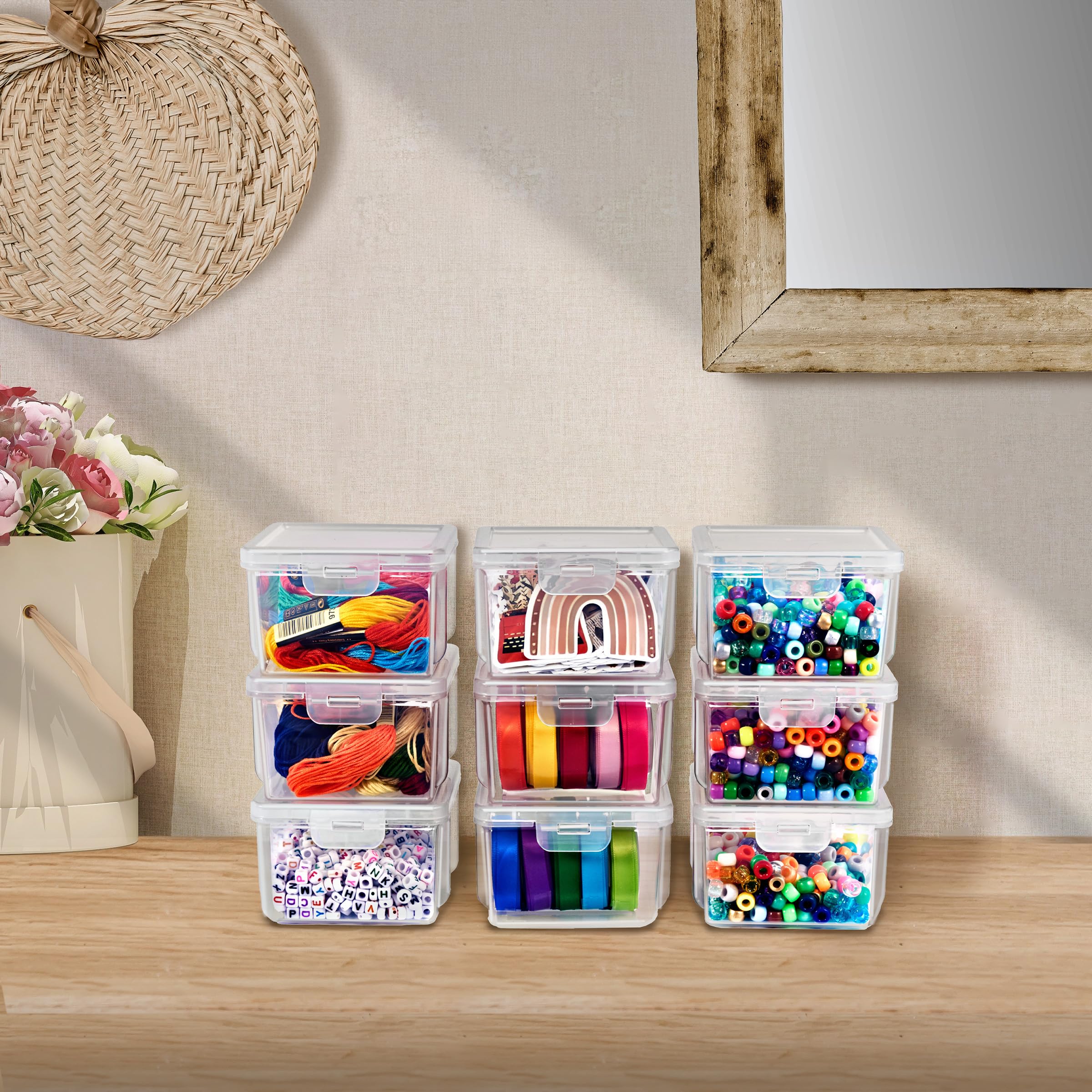 Sorbus 6 Piece Art Supply Storage Organizer - Stackable Plastic Storage Bins Set for Organizing Yarn, Ribbon, Crafts, Beads, Craft Supplies - Organizer Storage Boxes with Hinged Lids - Variety Pack