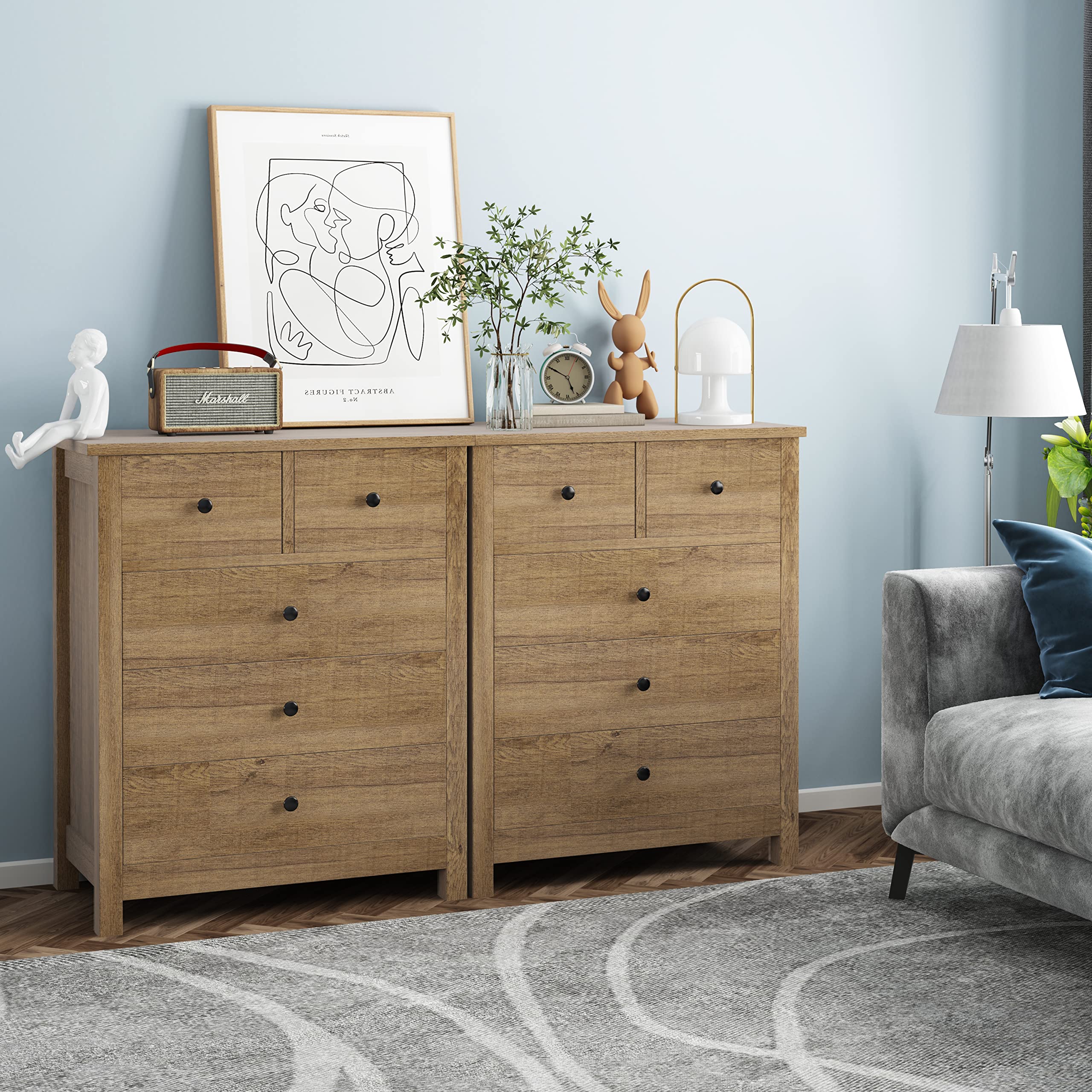 IDEALHOUSE Dresser for Bedroom, 5 Drawer Dresser Wood Dresser with Metal Handle, Modern Chest of Drawers for Bedroom, Entryway, Hallway, Light Brown