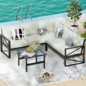 PAKASEPT Outdoor Patio Furniture Set, 6 Pieces Outdoor Couch Sectional L Shaped Aluminum Conversation Sets with Coffee Table, Patio Furniture Set for Porch Garden Backyard