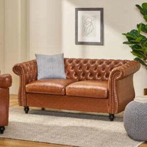 Merax 61" Retro PU Leather Chesterfield Loveseat with Button Tufted and Rolled Arm, Mid Century Small Couch Sofa Love Seat for Bedroom, Office, Living Room & Apartment, Easy Assembly Furniture, Brown