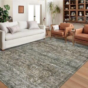 garveehome area rug 9x12 washable rugs for living room large vintage rug oriental indoor floor carpet non-slip backing foldable thin rug retro floral print distressed carpet for bedroom dining green