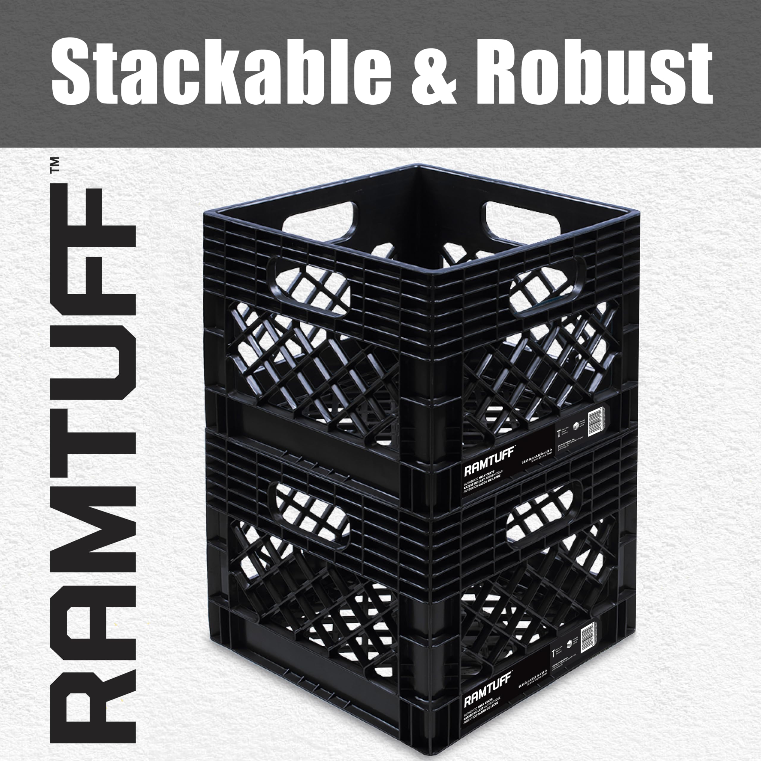 Ramtuff Milk Crate 4-Pack, Built Tough, 250lbs Load Capacity (BV Certified), Extreme Weather Tested -22°F to 122°F, Authentic Milk Crate dimensions 13" L x 13" W x 11" H