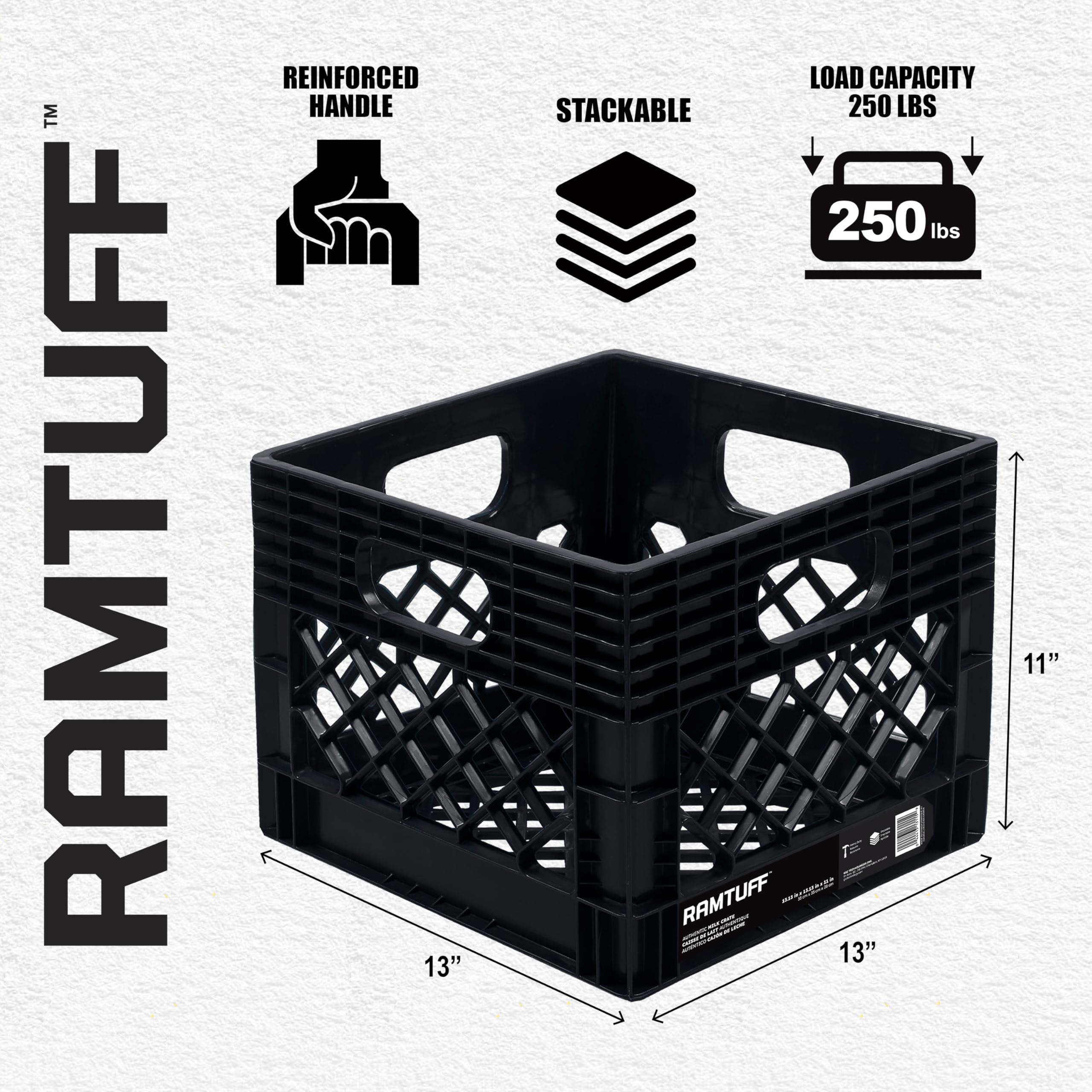 Ramtuff Milk Crate 4-Pack, Built Tough, 250lbs Load Capacity (BV Certified), Extreme Weather Tested -22°F to 122°F, Authentic Milk Crate dimensions 13" L x 13" W x 11" H