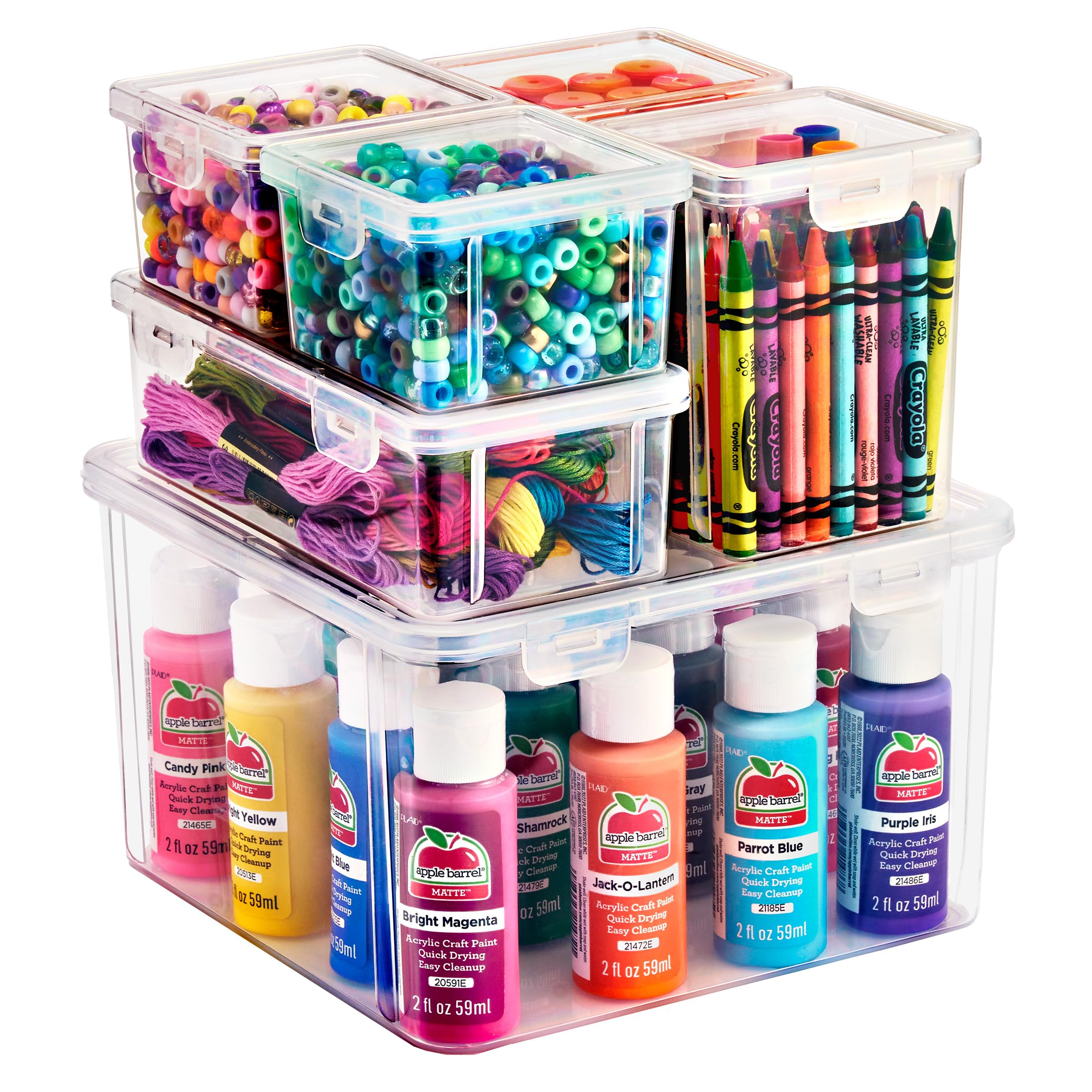 Sorbus 6 Piece Art Supply Storage Organizer - Stackable Plastic Storage Bins Set for Organizing Yarn, Ribbon, Crafts, Beads, Craft Supplies - Organizer Storage Boxes with Hinged Lids - Variety Pack