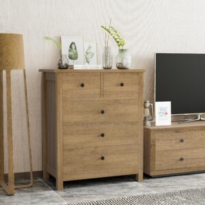 IDEALHOUSE Dresser for Bedroom, 5 Drawer Dresser Wood Dresser with Metal Handle, Modern Chest of Drawers for Bedroom, Entryway, Hallway, Light Brown